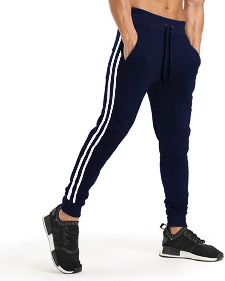 blue track pants with white stripes